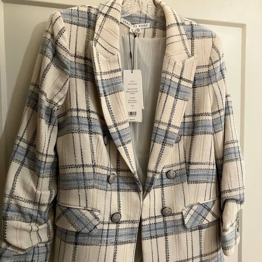 Veronica Beard Cream and Light Blue Plaid Double-Breasted Blazer - Picture 3 of 7